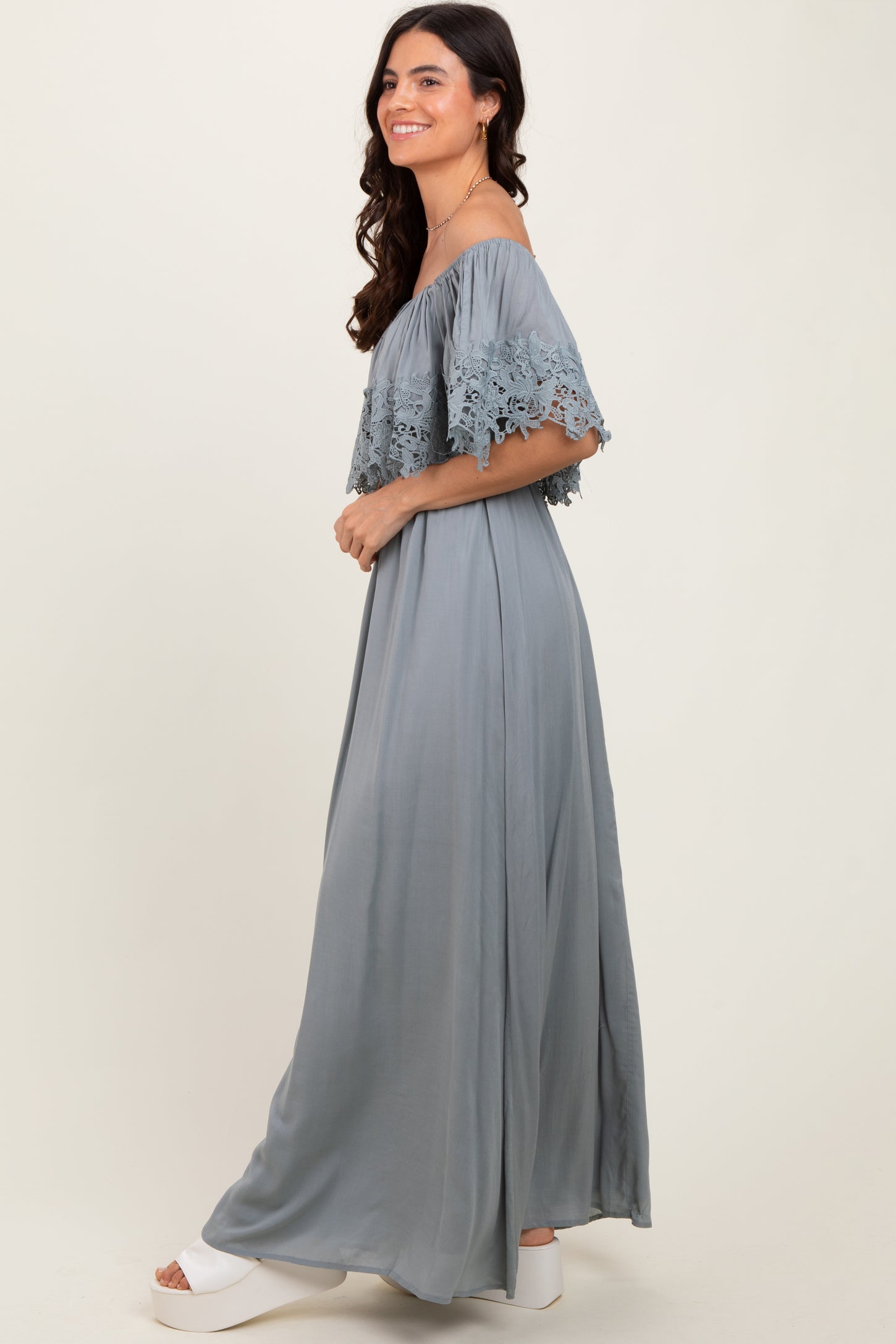Sage Lace Off Shoulder Maxi Dress