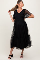Black Dotted Tulle Smocked Maternity Midi Dress