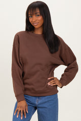 Brown Basic Fleece Crewneck Maternity Sweatshirt