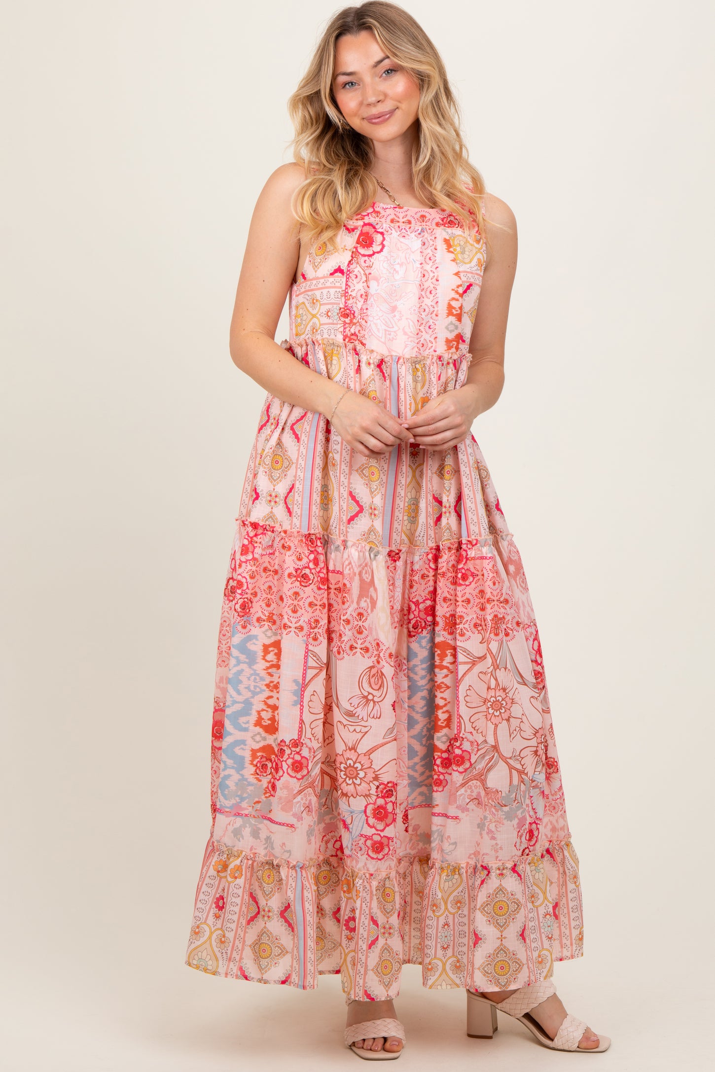 Peach Abstract Printed Maternity Maxi Dress