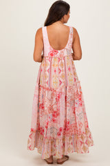 Peach Abstract Printed Maternity Maxi Dress