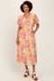Yellow Mix Textured Floral Gathered V Neck Dress