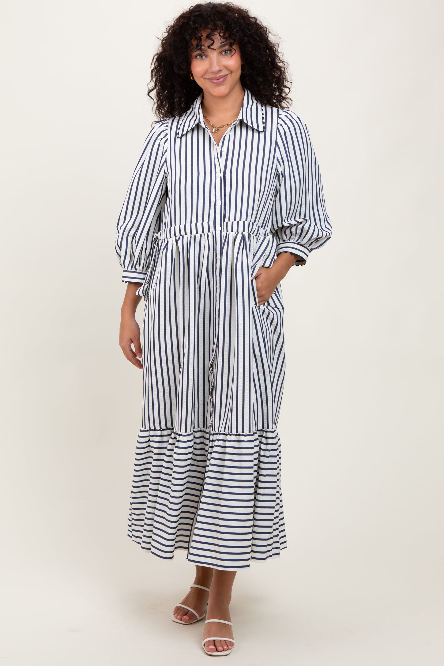 Navy Striped Collar Maternity Maxi Dress