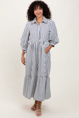 Navy Striped Collar Maternity Maxi Dress