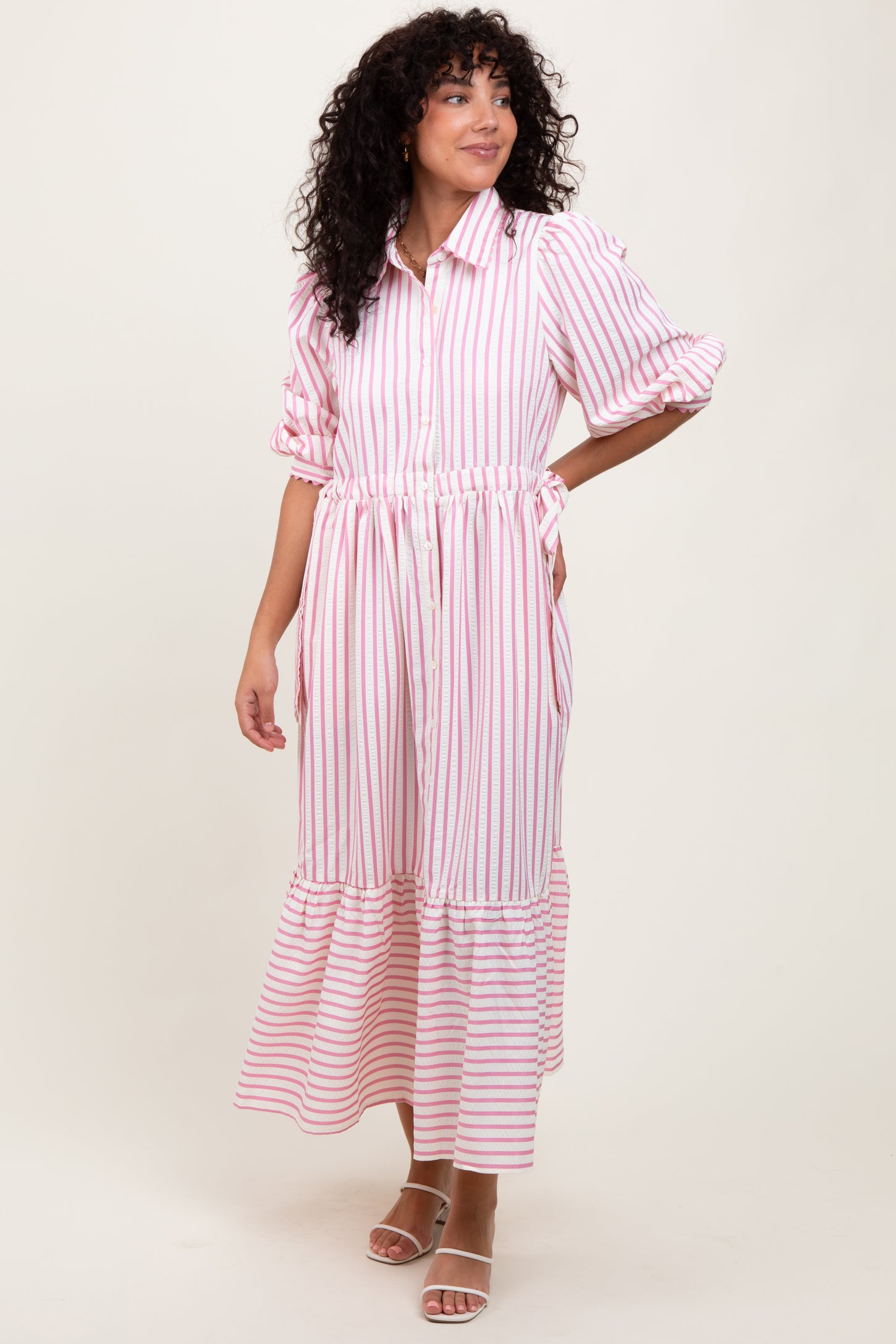 Pink Striped Collar Maxi Dress
