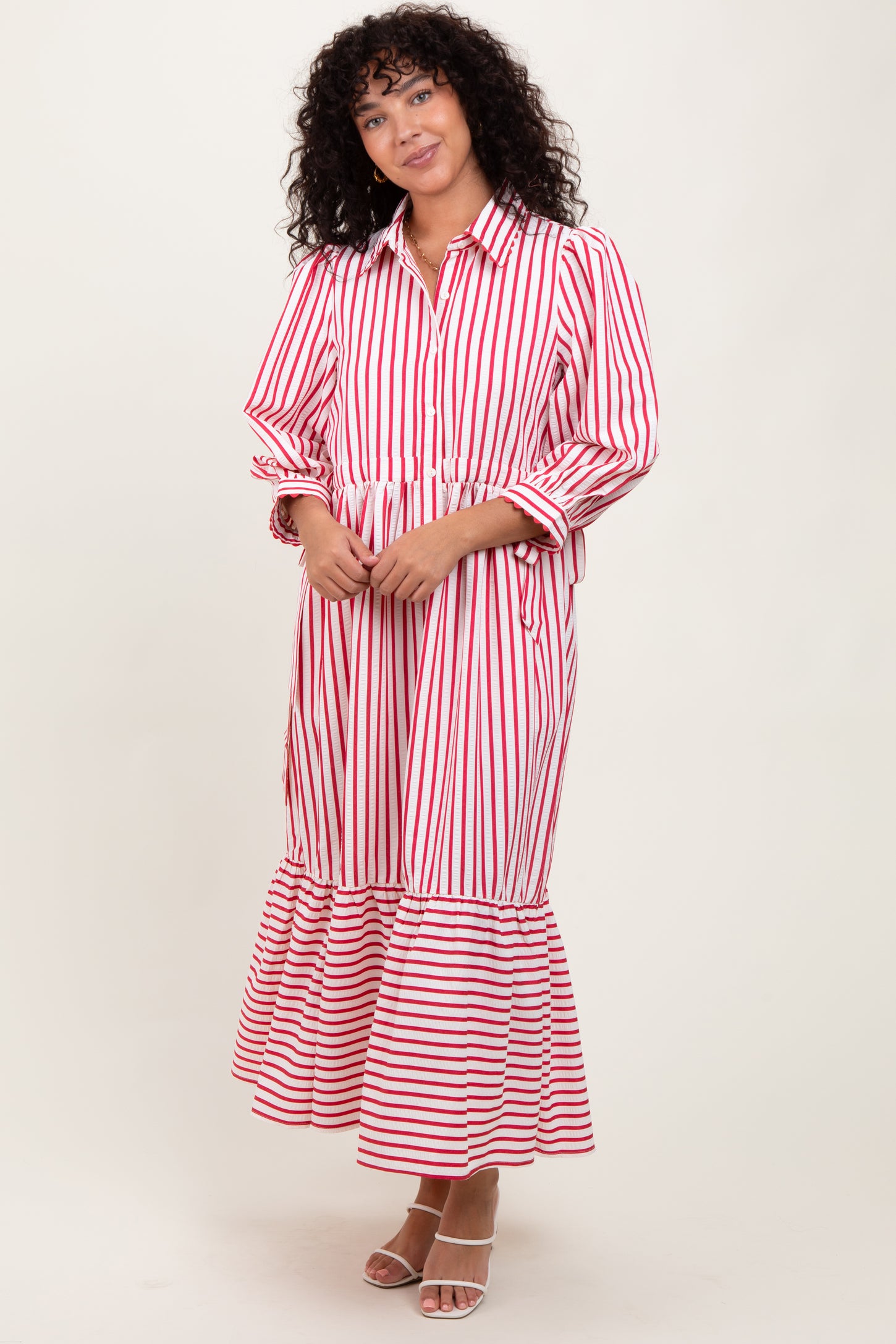 Red Striped Collar Maxi Dress
