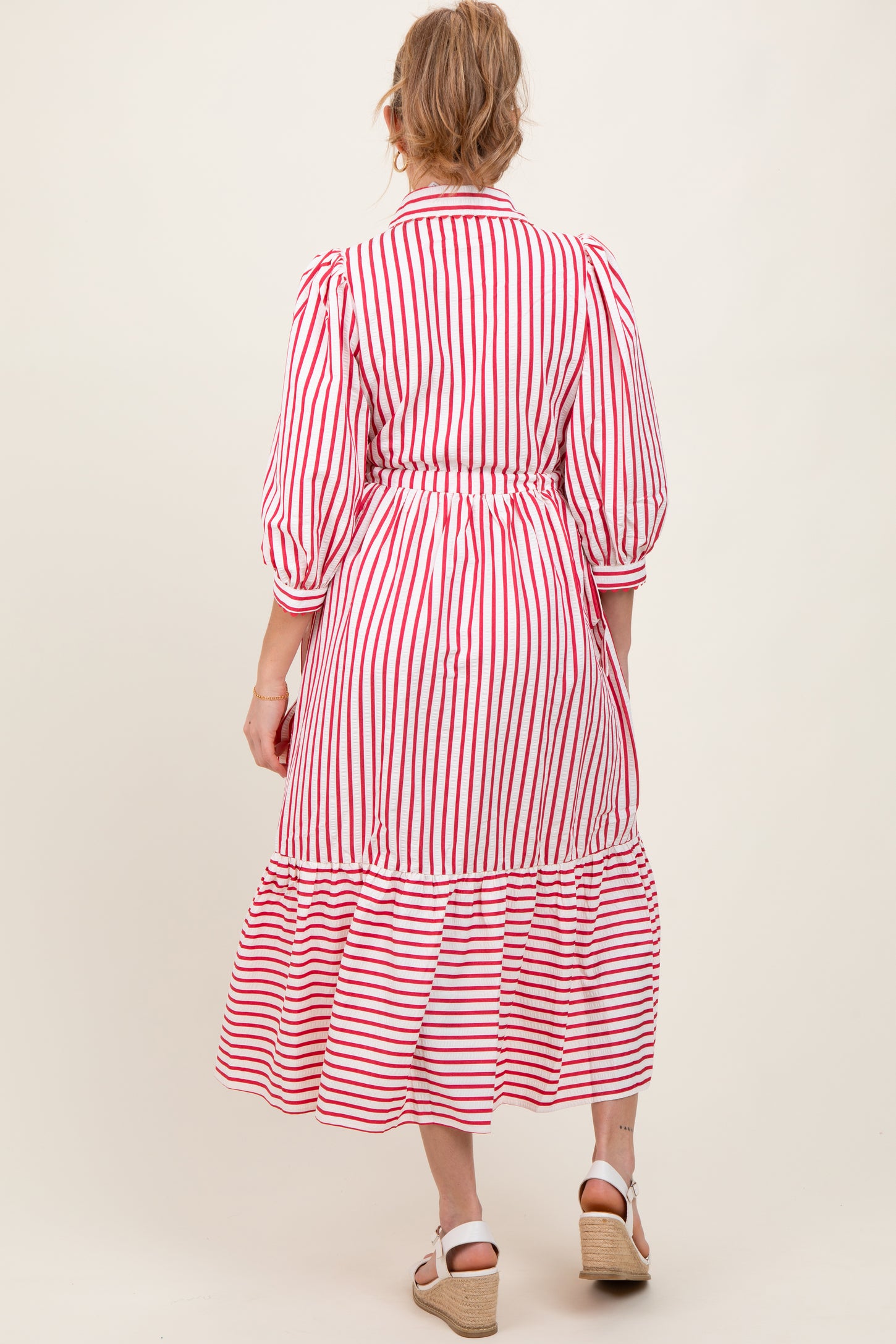 Red Striped Collar Maternity Maxi Dress