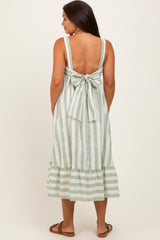 Sage Stripe Back Ribbon Tie Maternity Midi Dress