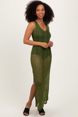 Olive Crochet V-Neck Side Slit Maternity Cover Up