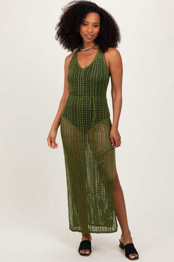 Olive Crochet V-Neck Side Slit Cover Up