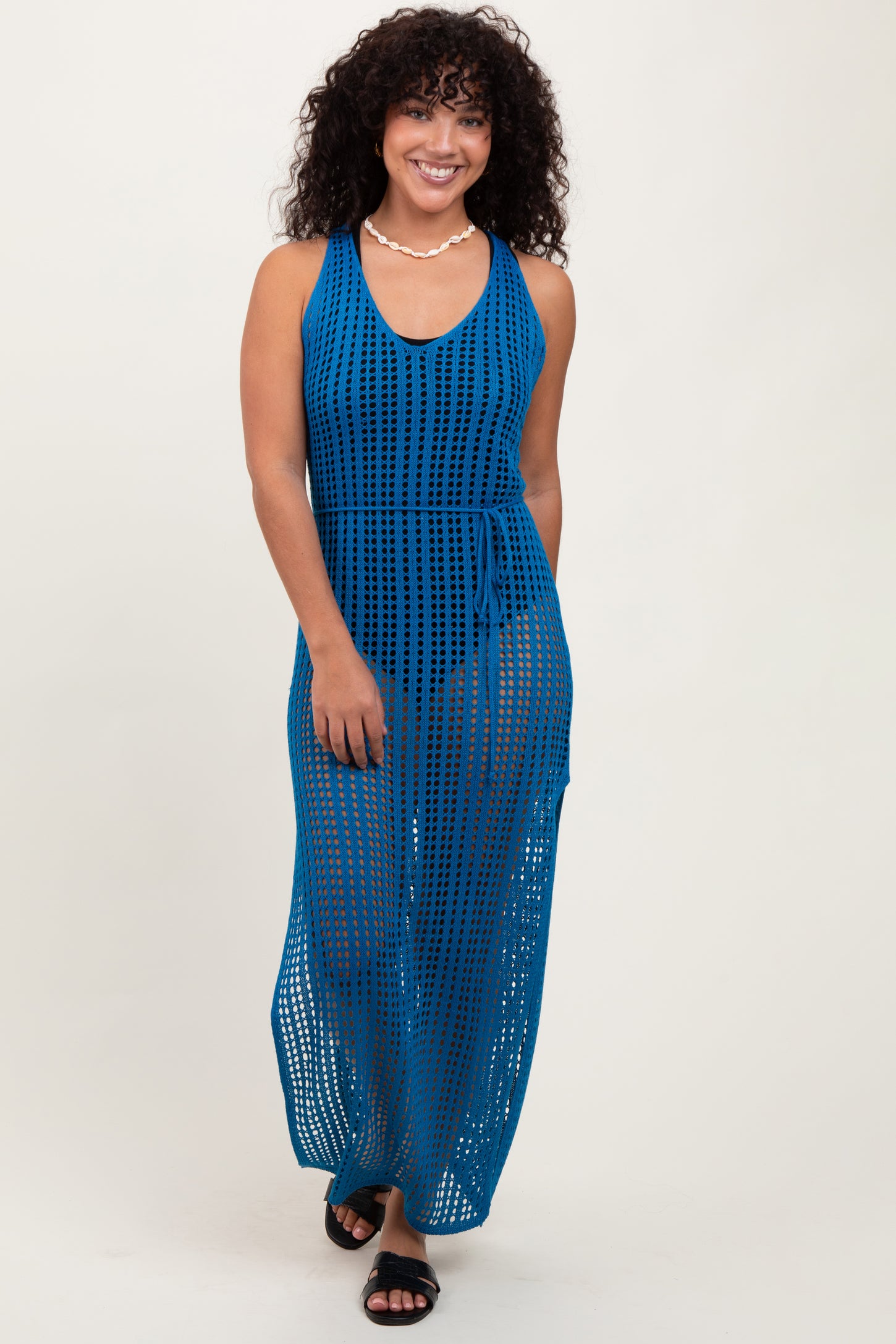 Blue Crochet V-Neck Side Slit Cover Up