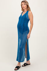 Blue Crochet V-Neck Side Slit Maternity Cover Up