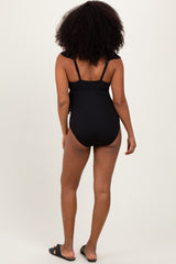 Black Rib Ruffle V Neck Side Tie Knot Swimsuit