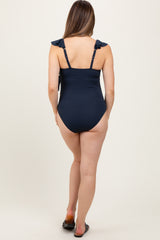 Navy Rib Ruffle V Neck Side Tie Knot Maternity Swimsuit