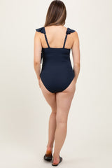 Navy Rib Ruffle V Neck Side Tie Knot Maternity Swimsuit
