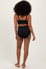 Black Ribbed Twist Cutout Front Swim Set
