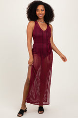 Burgundy Crochet V-Neck Side Slit Maternity Cover Up