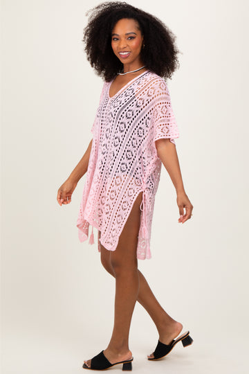 Pink Crochet Knit Swim Cover Up