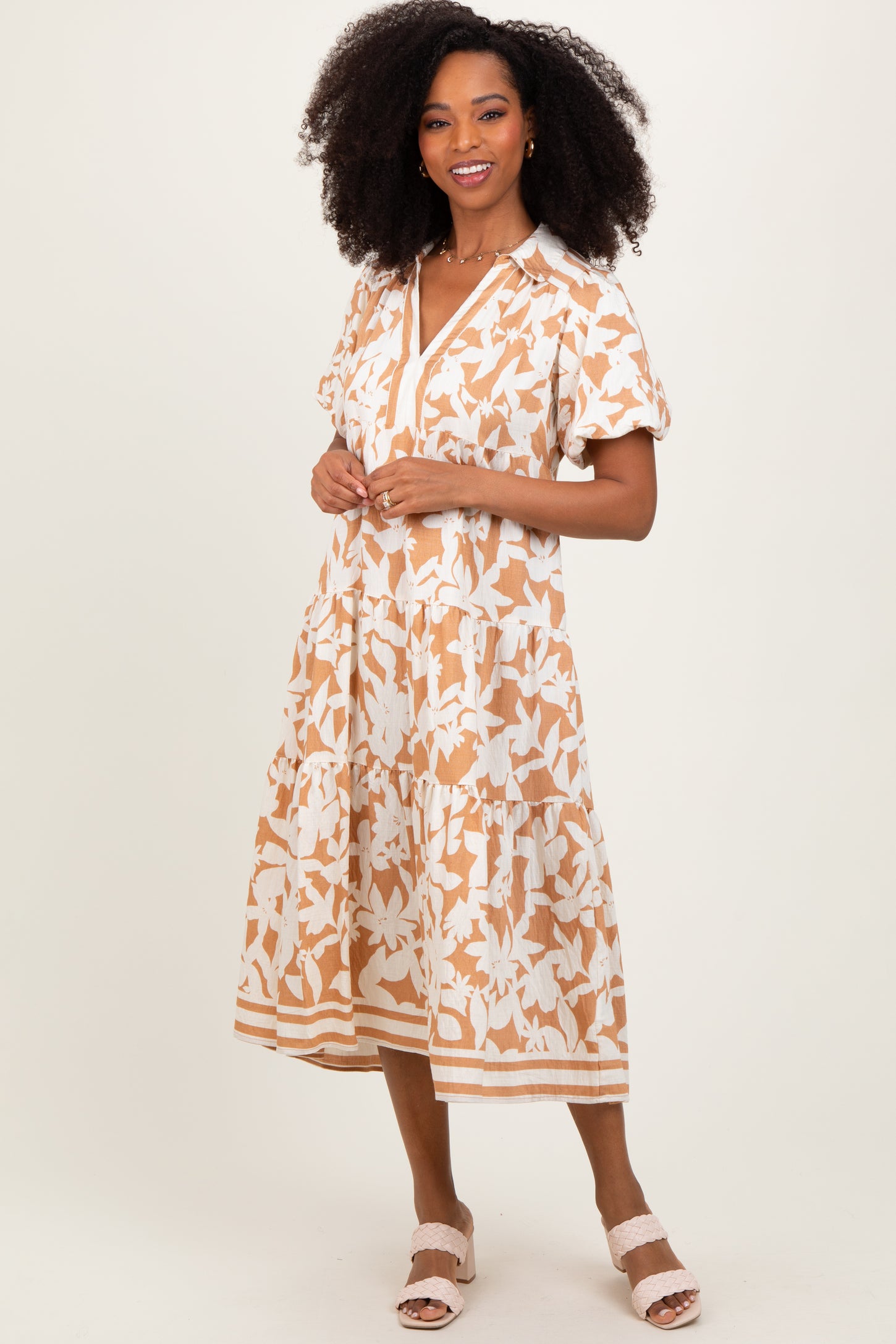 Mocha Botanical Print A Line Tiered Dress