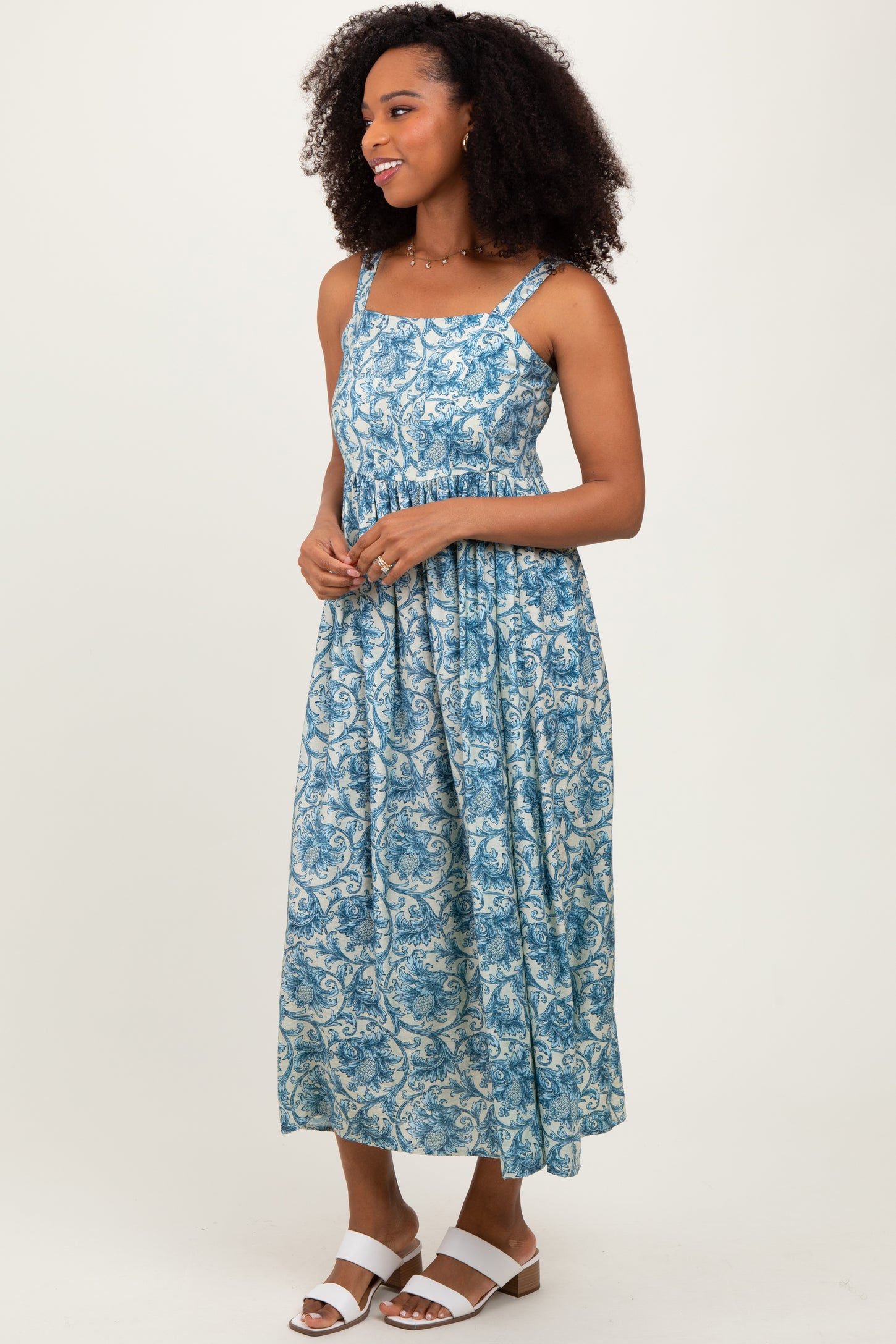 Blue Abstract Print Midi Dress