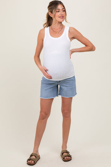 Blue High Rise Distressed Maternity Denim Shorts