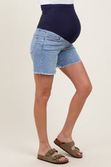 Blue High Rise Distressed Maternity Denim Shorts