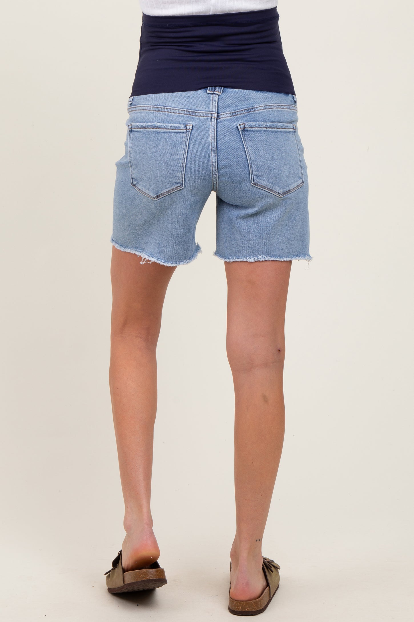 Blue High Rise Distressed Maternity Denim Shorts