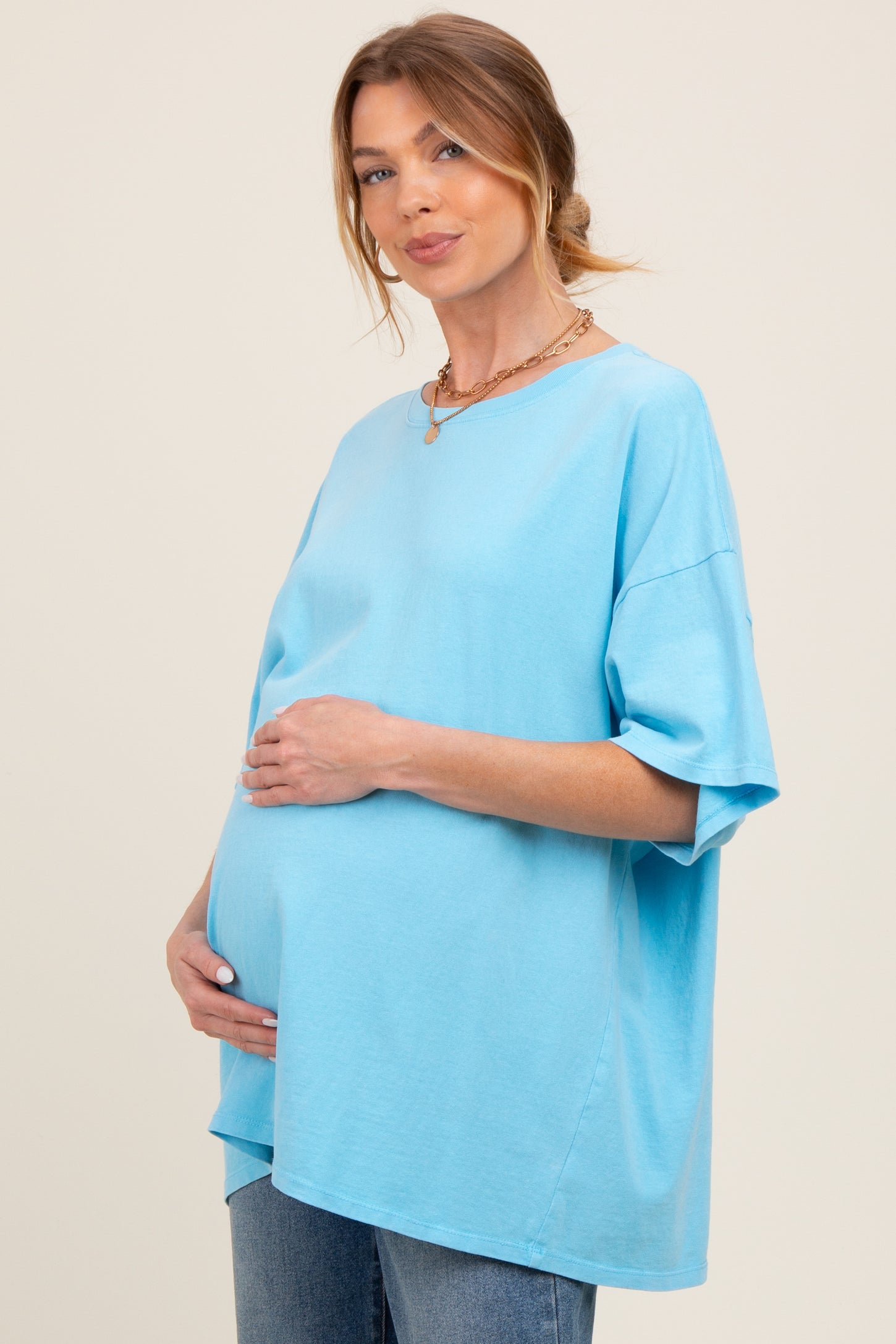 Aqua Blue Mineral Washed Oversized Maternity T-Shirt