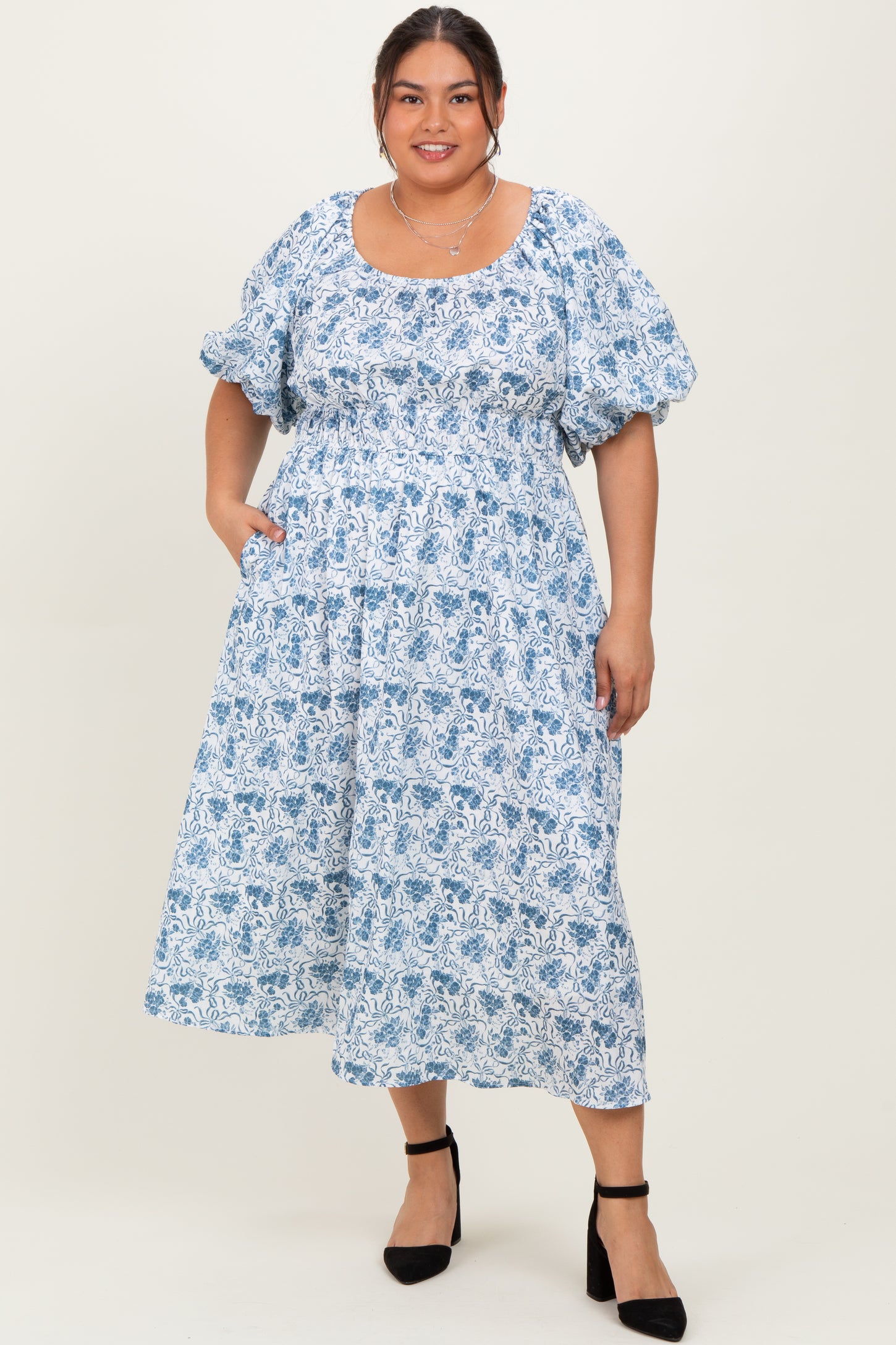 Blue Multi Printed Floral Bubble Sleeve Plus Maxi Dress