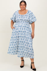 Blue Multi Printed Floral Bubble Sleeve Plus Maxi Dress