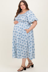 Blue Multi Printed Floral Bubble Sleeve Maternity Plus Maxi Dress