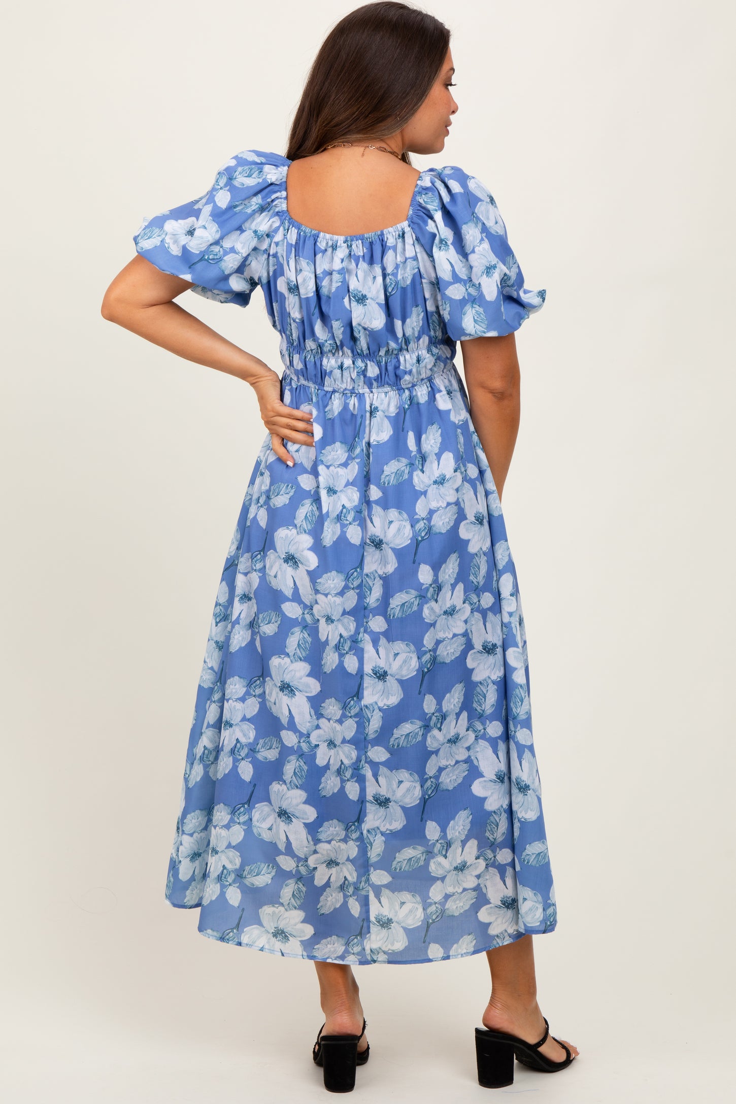 Blue Multi Printed Floral Square Neck Maternity Midi Dress