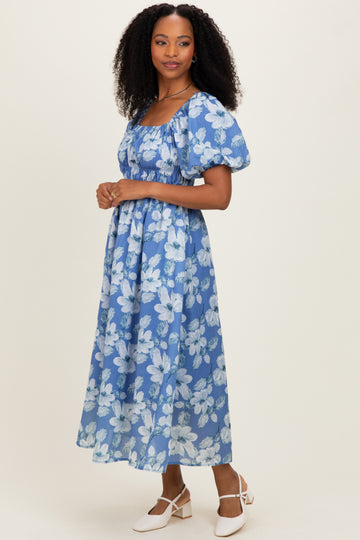 Blue Multi Printed Floral Square Neck Midi Dress