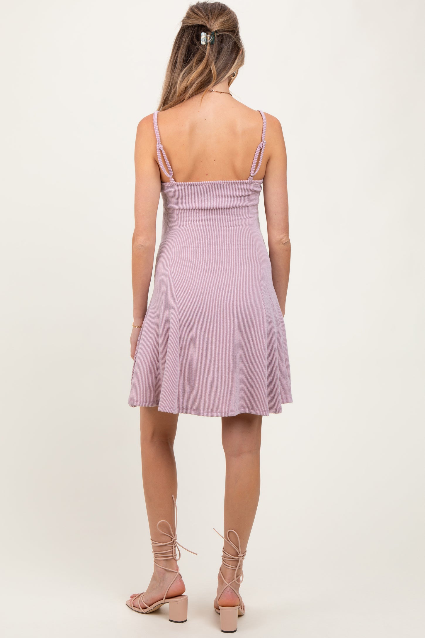 Mauve Solid Ribbed Knitted Adjustable Strap Sleeveless Maternity Mini Dress