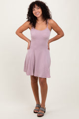 Mauve Solid Ribbed Knitted Adjustable Strap Sleeveless Mini Dress