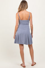 Light Blue Solid Ribbed Knitted Adjustable Strap Sleeveless Maternity Mini Dress