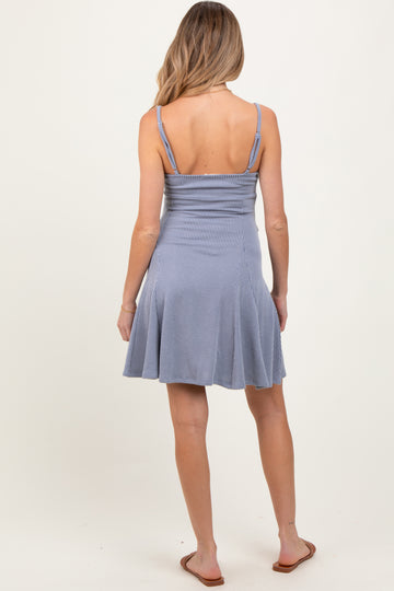 Light Blue Solid Ribbed Knitted Adjustable Strap Sleeveless Maternity Mini Dress