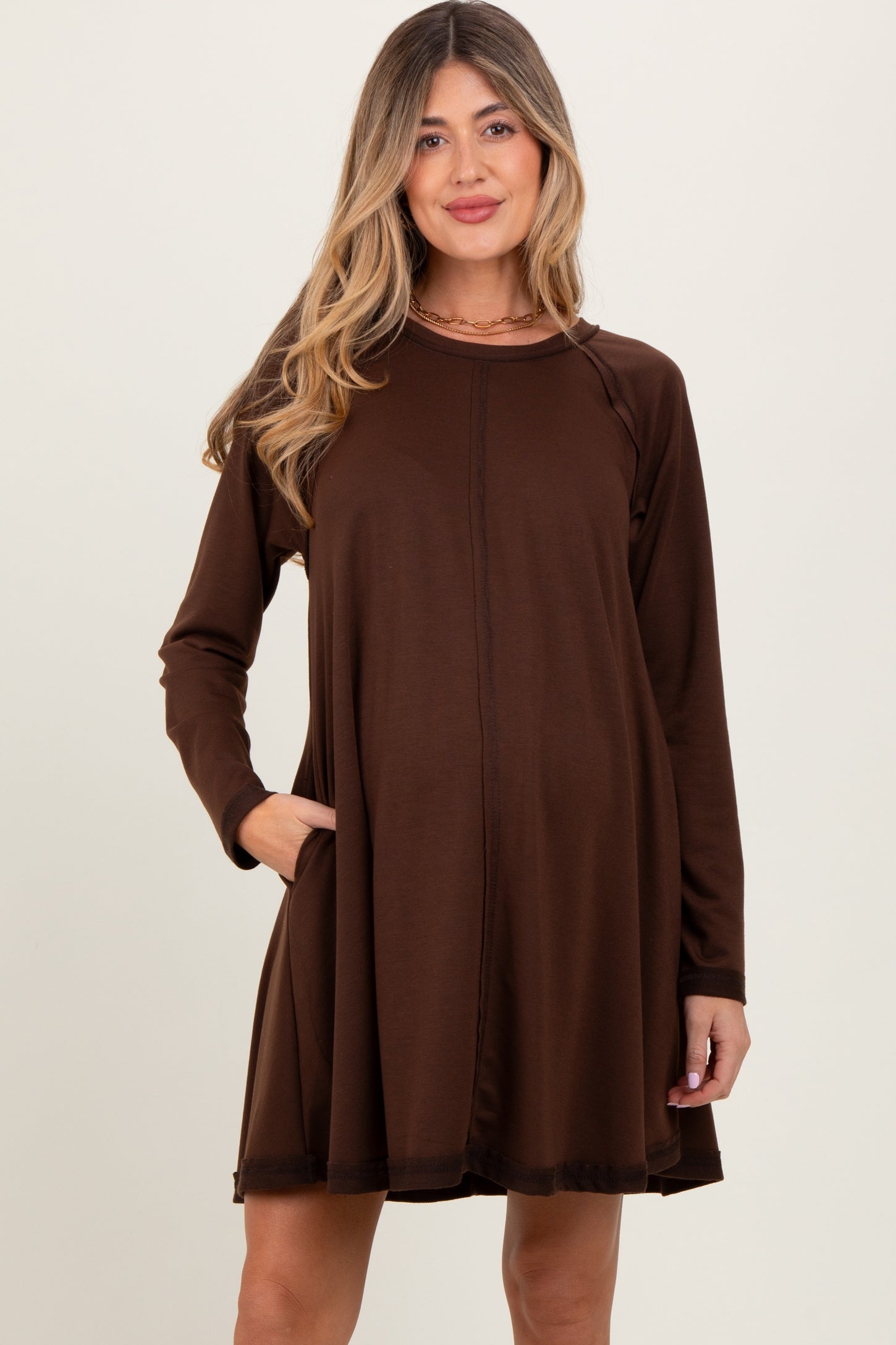 Brown Crew Neck Flared Fit Long Sleeve Maternity Mini Dress
