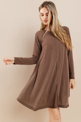 Brown Crew Neck Flared Fit Long Sleeve Mini Dress