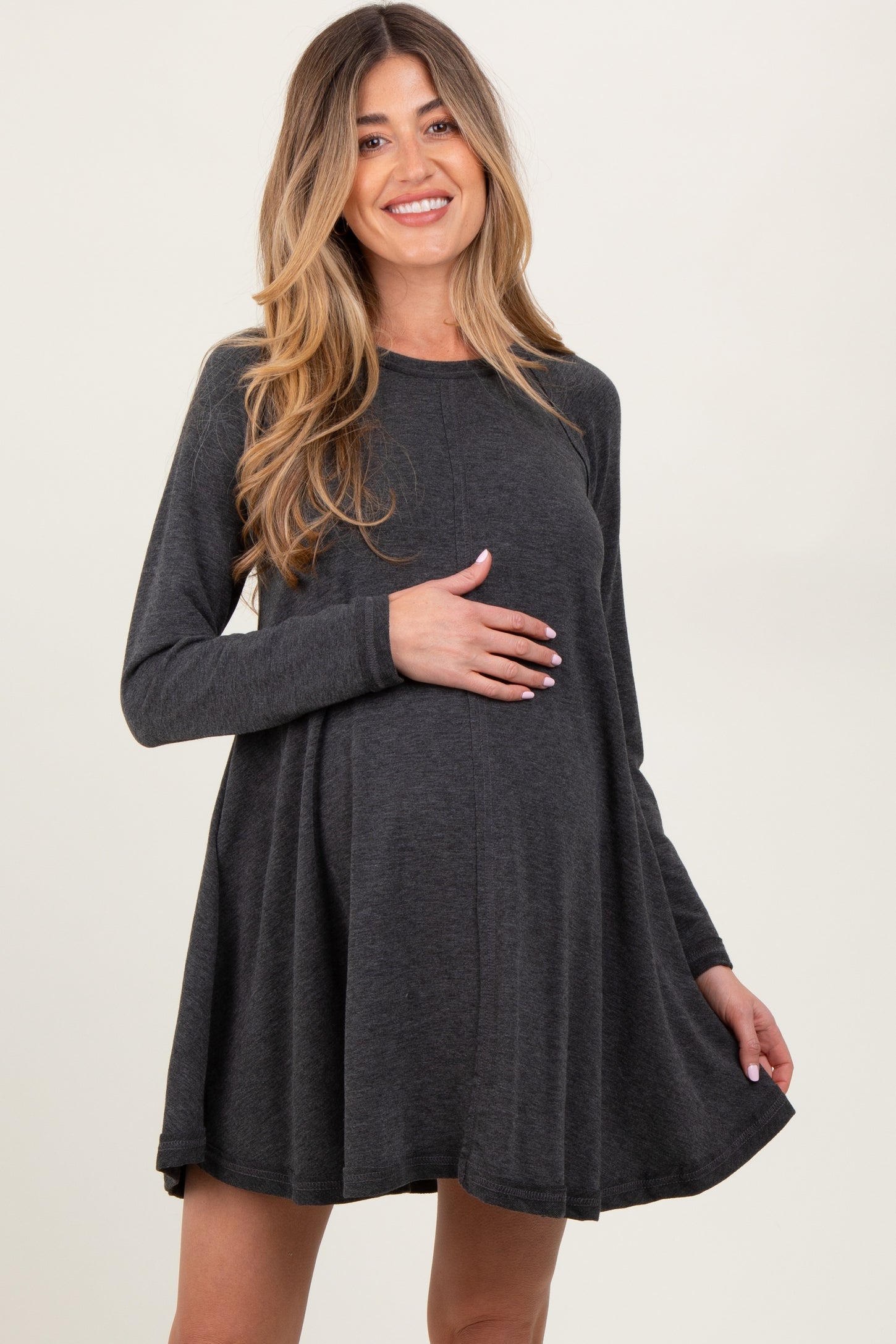 Charcoal Crew Neck Flared Fit Long Sleeve Maternity Mini Dress