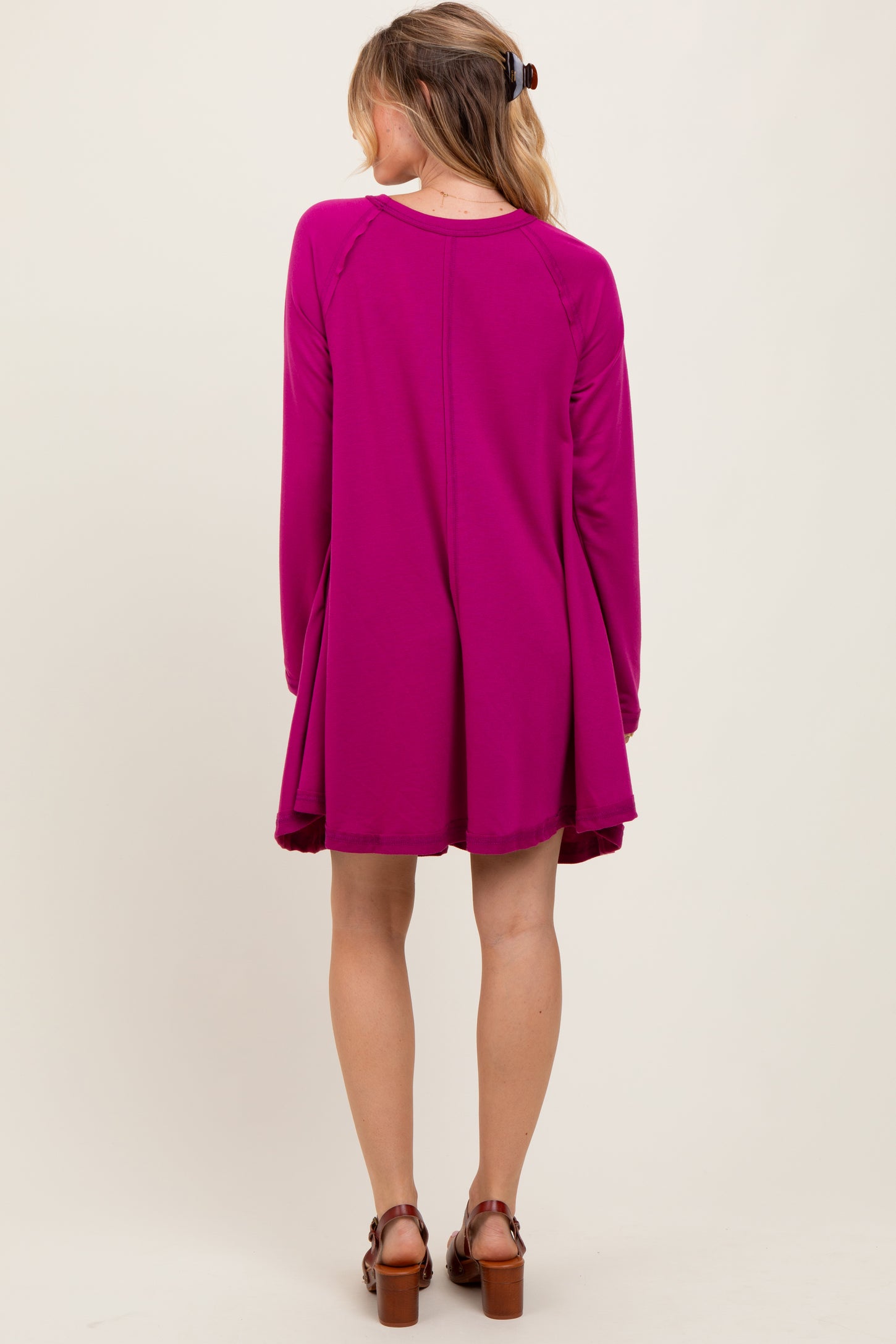 Magenta Crew Neck Flared Fit Long Sleeve Mini Dress