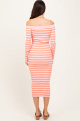 Peach Striped Ribbed Button Accent Off Shoulder Dress