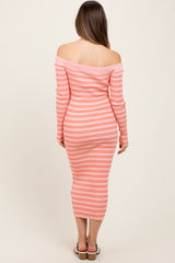 Peach Striped Ribbed Button Accent Off Shoulder Maternity Dress