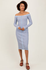 Light Blue Striped Ribbed Button Accent Off Shoulder Maternity Dress