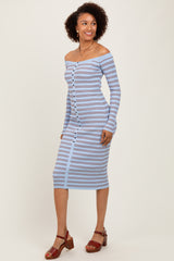 Light Blue Striped Ribbed Button Accent Off Shoulder Dress