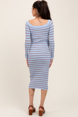 Light Blue Striped Ribbed Button Accent Off Shoulder Maternity Dress