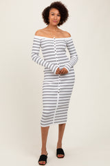 White Striped Ribbed Button Accent Off Shoulder Maternity Dress