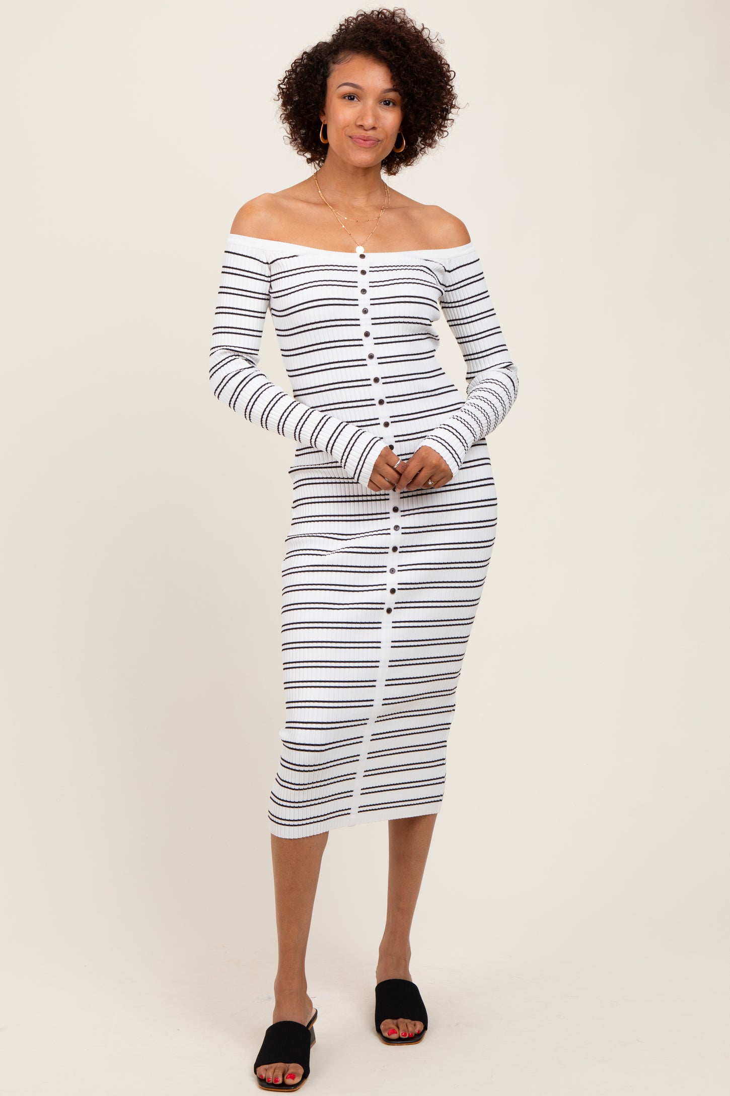 White Striped Ribbed Button Accent Off Shoulder Dress