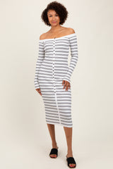 White Striped Ribbed Button Accent Off Shoulder Dress