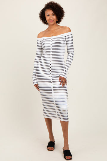 White Striped Ribbed Button Accent Off Shoulder Dress